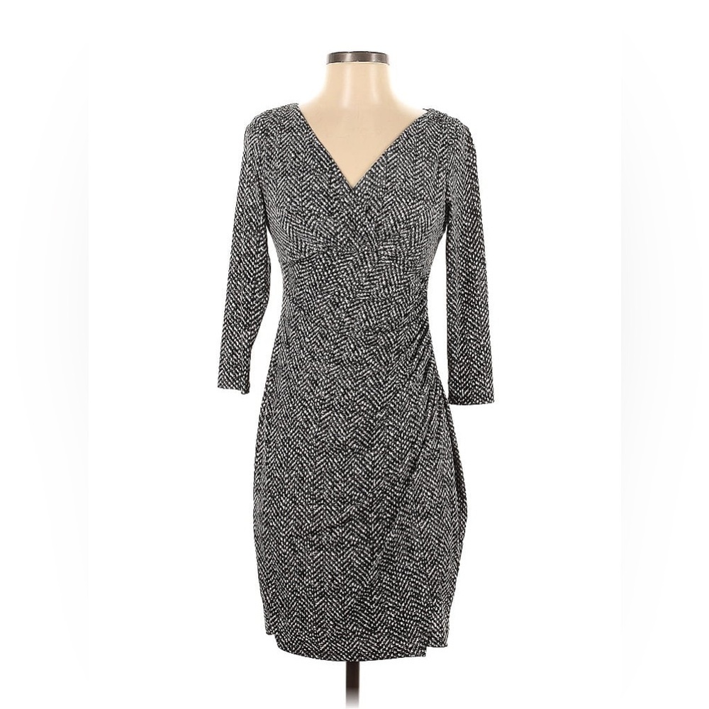 Lauren Ralph Lauren black white printed faux wrap jersey long sleeve dress